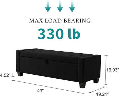 Huatean Home 43" Ottoman with Storage, Black Storage Ottoman Bench with Safety Hinge, Upholstered Entryway Bench with Seating for Bedroom, Living Room, Holds up to 330 lb