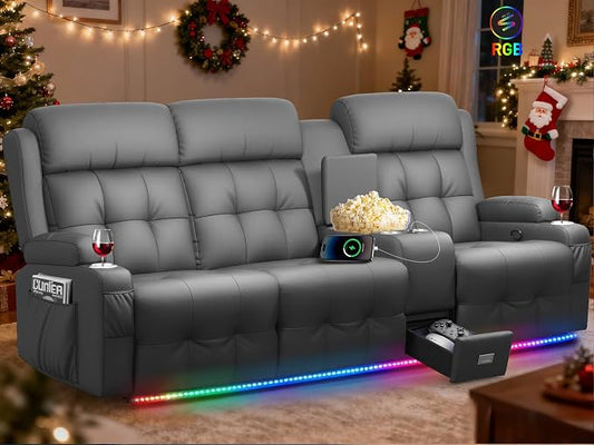 Loveseat Recliner Sofa, Home Theater Seating with Massage, 3 Seat Reclining Loveseats with Console, Wall Hugger RV Couch Movie Theater Chairs, RV Furniture Sofas with USB, Cup Holders for Gaming Room