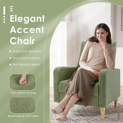 COLAMY Mid-Century Modern Accent Chairs Set of 2, Fabric Upholstered Living Room Chairs with Back Pillow & Solid Wood Legs, Comfy Armchair for Living Room, Bedroom, Single Sofa, Green