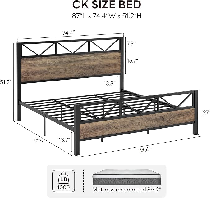 LIKIMIO California King Bed Frame, Tall Industrial Headboard 51.1 ", Platform Bed Frame with Strong Metal Support, Solid and Stable, Noise Free, No Box Spring Needed, Easy Assembly, Rustic Maple
