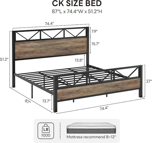 LIKIMIO California King Bed Frame, Tall Industrial Headboard 51.1 ", Platform Bed Frame with Strong Metal Support, Solid and Stable, Noise Free, No Box Spring Needed, Easy Assembly, Rustic Maple