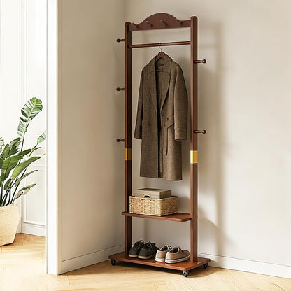 Solid Wood Clothing Rack with Wheels 2 Shelves Storage & 9 Hooks Heavy Duty Coat Rack Freestanding Clothes Rack Coat Tree Stand Hat Hanger Rack for Living Room Corner,835 Walnut