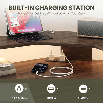MALOL 59" L Shaped Electric Standing Desk with Drawers, Height Adjustable Desk with Power Outlets & LED Lights, Monitor Stand, Corner Computer Desk for Home Office, Walnut