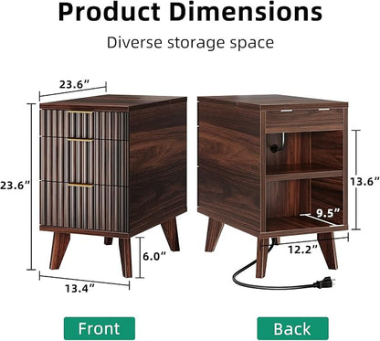 Kalrin Narrow Nightstand with Hidden Outlets & USB Ports, Modern Fluted Bedside Table with 3 Drawers, Engineering Wooden End Tables for Bedroom and Living Room(Vintage Brown)