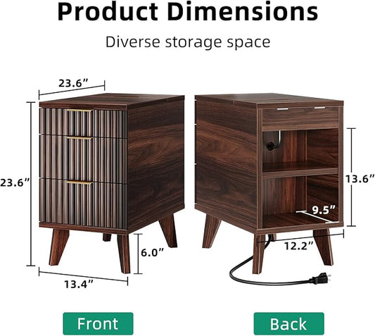 Kalrin Narrow Nightstand with Hidden Outlets & USB Ports, Modern Fluted Bedside Table with 3 Drawers, Engineering Wooden End Tables for Bedroom and Living Room(Vintage Brown)