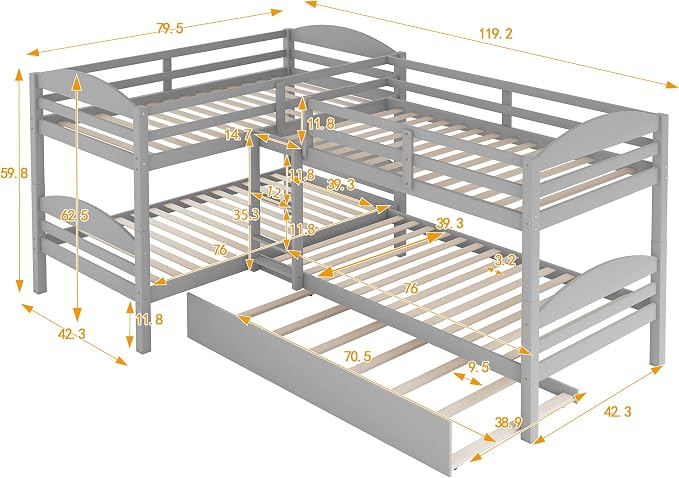 Flieks Four Bunk Bed Twin-Over-Twin-Over-Twin-Over-Twin L Shaped Bunk Bed with Trundle, Bunk Bed Can be Divided into 2 L-Shaped Beds for Accommodating 5, Family, Kids, Teens, No Box Spring Needed