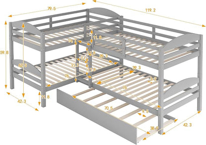 Flieks Four Bunk Bed Twin-Over-Twin-Over-Twin-Over-Twin L Shaped Bunk Bed with Trundle, Bunk Bed Can be Divided into 2 L-Shaped Beds for Accommodating 5, Family, Kids, Teens, No Box Spring Needed