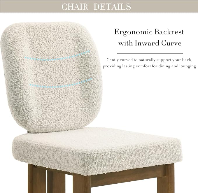 CIMOTA Modern Boucle Dining Chairs Set of 2, Upholstered Armless Side Chairs with Ergonomic Curved Back/Walnut Wood Legs, Mid-Century Dining Kitchen Room Chairs for Kitchen or Dining Room, Beige