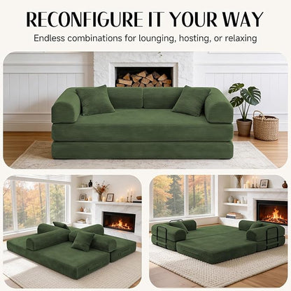 79'' Convertible Sofa Bed, Boneless Couch-in-a-Box, Corduroy Floor Futon Loveseat Sleeper, 26'' Deep Seat, Removable Machine-Wash Covers, No Assembly, 2 Pillows, Forest Green