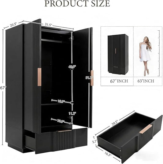 Brafab 67" Fluted Armoire Wardrobe Closet Set of 2 with Drawers and Doors, Wooden Wardrobe Cabinet with Adjustable Shelves, Modern Storage for Clothes, Coats for Bedroom,Black(2 pcs)