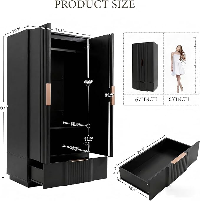 Brafab 67" Fluted Armoire Wardrobe Closet with Drawers and Doors, Wooden Wardrobe Cabinet with Adjustable Shelves, Modern Storage for Clothes, Coats for Bedroom,Black (1 pcs)