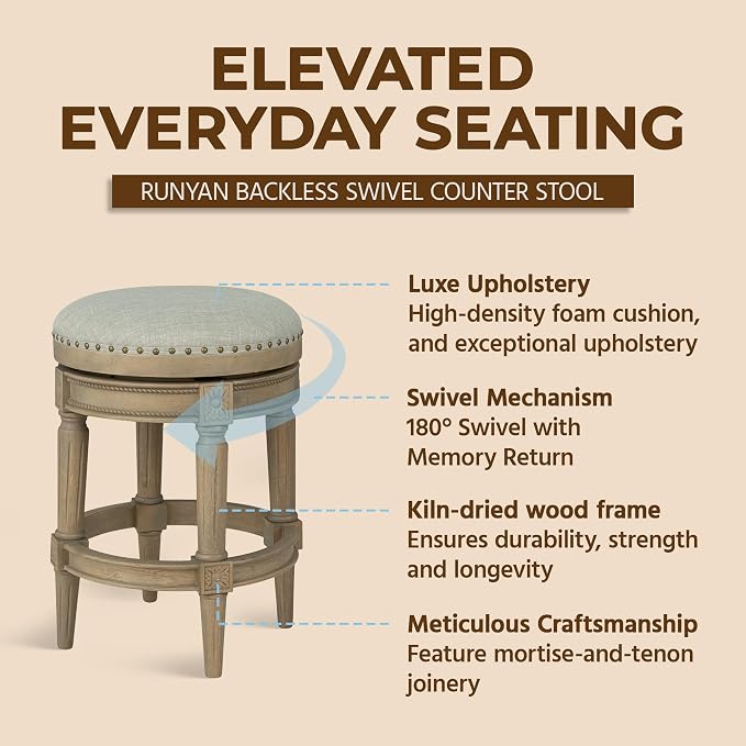 ROME + OAK Runyan 26" Swivel Counter Stool, Rotating Backless Barstool in Reclaimed Oak with Ash Grey Fabric Seat - for Kitchens or Dining Rooms