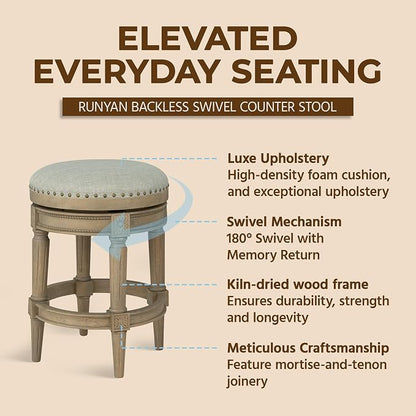 ROME + OAK Runyan 26" Swivel Counter Stool, Rotating Backless Barstool in Reclaimed Oak with Ash Grey Fabric Seat - for Kitchens or Dining Rooms
