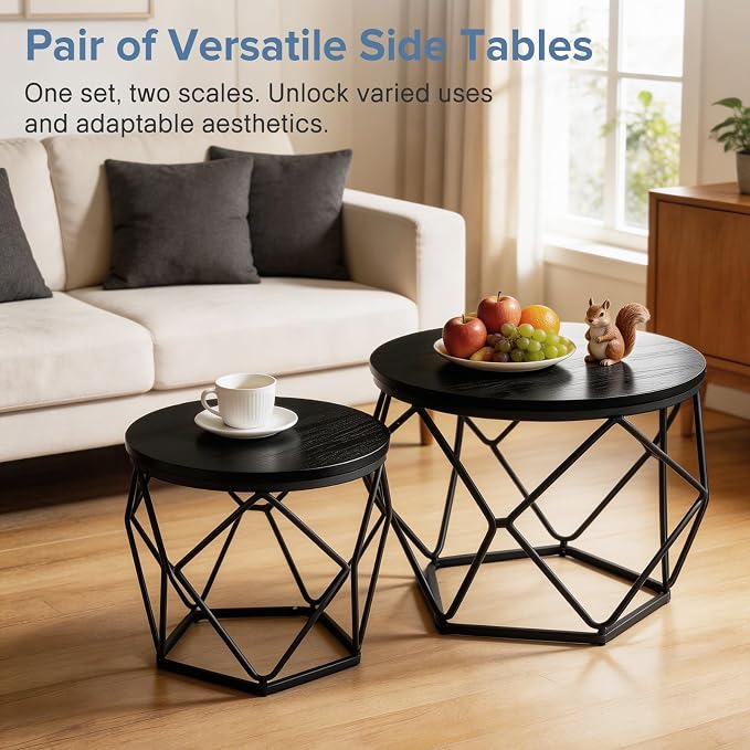 DUMOS Modern Geometric 2Pack Coffee Table, Round Nesting Side Tables with Hidden Storage, Movable End Tables for Living Room Decor & Practical Use Black