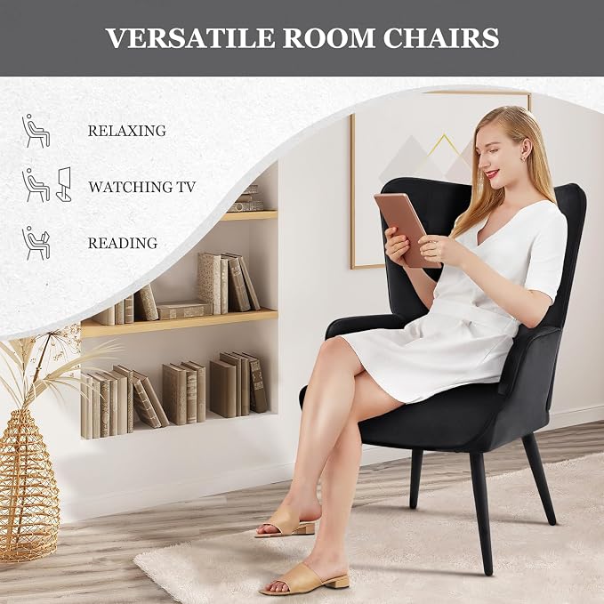 Furnimart Accent Chairs Set of 2, Black Velvet Reading Armchairs with High Backrest, Wingback Corner Chairs - Mid Century Modern for Living Room, Bedroom, Waiting Room