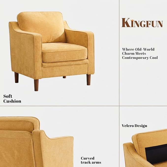 Kingfun Accent Chair, Living Room Chairs, Mid Century Reading Armchair, Chenille with Solid Wood Foot, Upholstered Modern Decor for Bedroom, Apartment