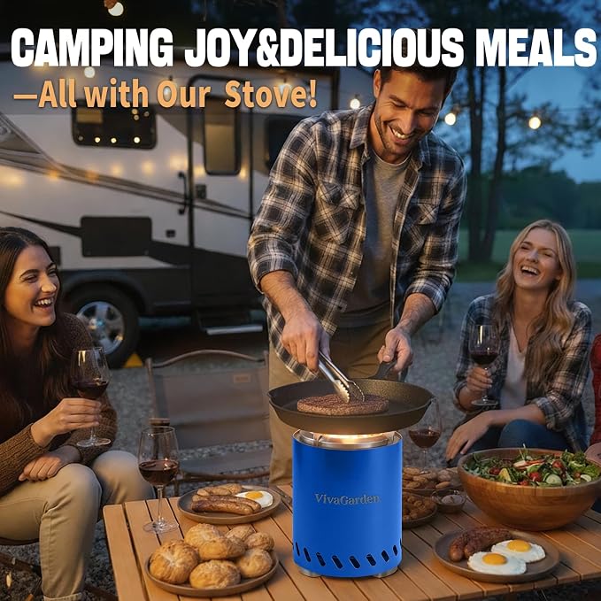 Smokeless Tabletop Fire Pit, VivaGarden Portable Outdoor Fire Pit for Camping, Patio, Backyard, Wood and Pellets Burning Camping Stove with Carry Bag, Forks, Mat and Pot Stand (9.7x7.1 Inch, Blue)