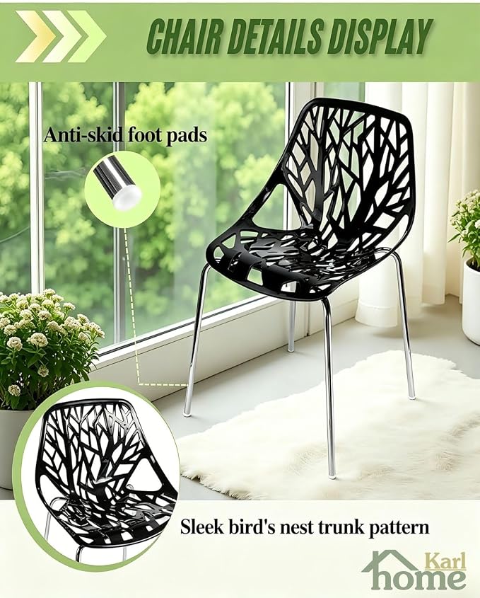 Karl home Stackable Dining Chairs Set of 4, 3-Step Assembly, 350LBS, Black | Bird's nest trunk pattern, robust metal frame, 350lbs capacity, plastic construction, for kitchen/dining/bedroom/living room