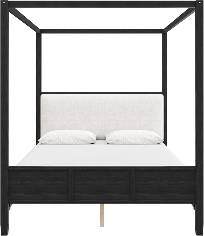 Merax King Size Canopy Bed with Upholstered Headboard, Wooden Platform Bed Frame with 4-Posters, Solid Wood Slat Support, No Box Spring Needed