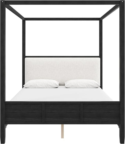 Merax King Size Canopy Bed with Upholstered Headboard, Wooden Platform Bed Frame with 4-Posters, Solid Wood Slat Support, No Box Spring Needed