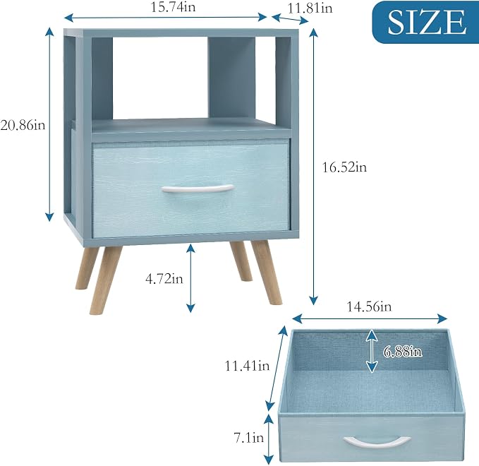 Huhote Kids Nightstand, 2-Tier Night Stand with Drawer, Modern Side Table for Bedroom, Study Room, Small Spaces, Blue