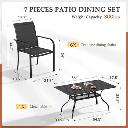 SUNCROWN 7 - Piece Outdoor Dining Set, Patio Furniture Set with 6 x Textilene Dinning Chairs and 1 Steel Slat Metal Bistro Table for Lawn Garden Backyard Deck, Black