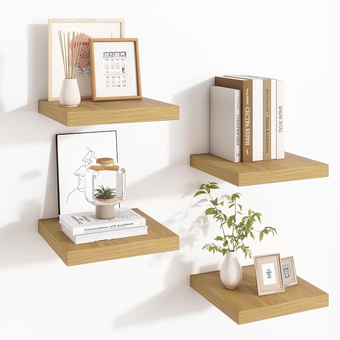 Fun Memories Square Floating Shelves for Wall - 9.3 Inch Deep Floating Shelves with Invisible Brackets, Oak Small Wall Shelf for Living Room, Bathroom, Bedroom, and Kitchen Decor Set of 4