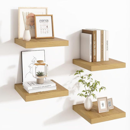 Fun Memories Square Floating Shelves for Wall - 9.3 Inch Deep Floating Shelves with Invisible Brackets, Oak Small Wall Shelf for Living Room, Bathroom, Bedroom, and Kitchen Decor Set of 4