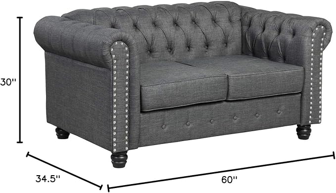 Morden Fort Classic Chesterfield Loveseat Set 60'', Tufted Loveseat Sofa Set with Solid Wood Legs Thick Cushion, Pet-Friendly Deep Seat Sofa Couch for Living Room Bedroom Apartment - Linen Grey