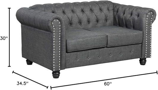 Morden Fort Classic Chesterfield Loveseat Set 60'', Tufted Loveseat Sofa Set with Solid Wood Legs Thick Cushion, Pet-Friendly Deep Seat Sofa Couch for Living Room Bedroom Apartment - Linen Grey