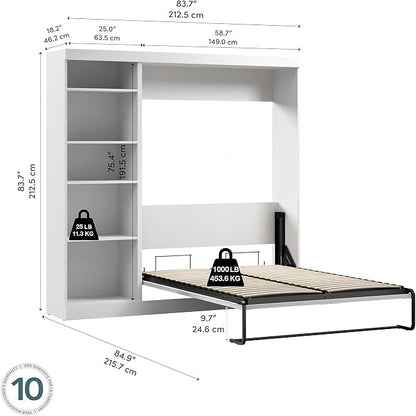 Bestar Pur Full Size Murphy Bed with Shelving Unit (84W) in White, Space-Saving Sleeping Arrangement for Multipurpose Bedroom