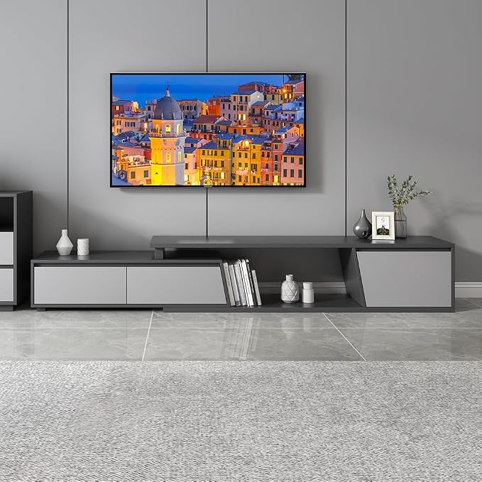 homary Extendable TV Stand with 3 Drawers Minimalist Rectangle Entertainment Center TV Console Up to 110" (70.9”W-110.2”W) (Gray)