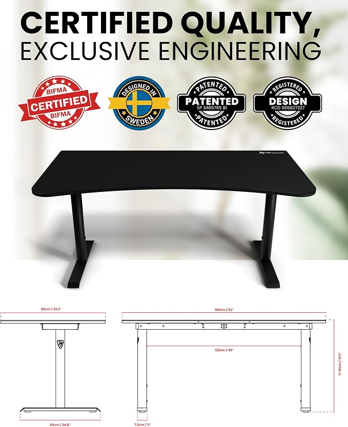 Arozzi Arena Large Gamer Desk - 63x32” Adjustable Height PC Gaming Desk With Storage For Cables & Triple-Monitor Support - Full-Surface Washable Mousepad - Pure Black