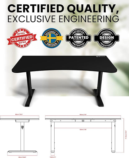 Arozzi Arena Large Gamer Desk - 63x32” Adjustable Height PC Gaming Desk With Storage For Cables & Triple-Monitor Support - Full-Surface Washable Mousepad - Pure Black
