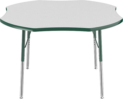 FDP Clover Activity School and Office Table (48 x 48 inch), Standard Legs with Swivel Glides for Collaborative Seating Environments, Adjustable Height 19-30 inches - Gray Top and Green Edge
