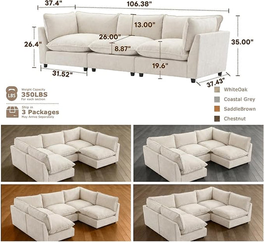 Iroomy Modular Sectional Sofa, Oversized Chenille Cloud Couch, Deep Comfy Seat, 3-Seater Sofas Couches for Living Room, Beige, High Feet