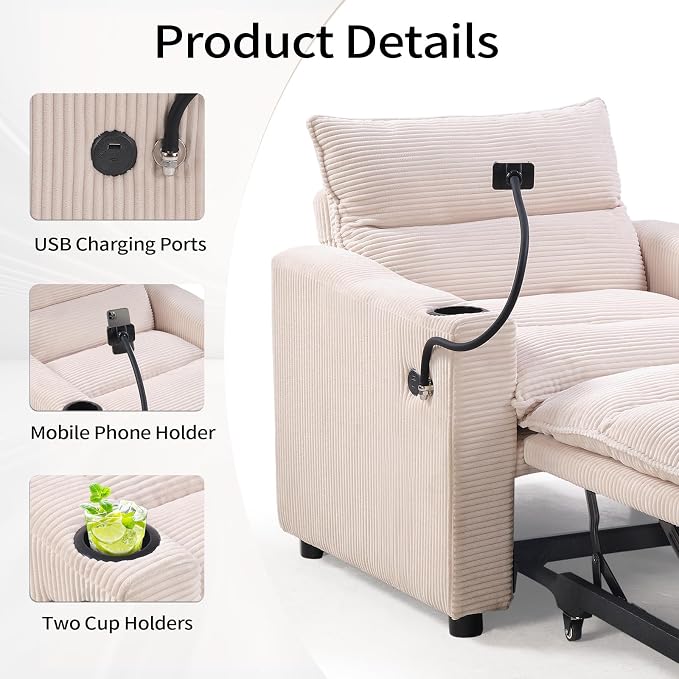 HAOMARKETS Corduroy Sleeper Sofa Bed with Cup Holders, 3-in-1 Convertible Pullout Futon Couch with Phone Holder&USB Charge Port, Single Armchair with 3-Level Adjustable Backrest for Apartment