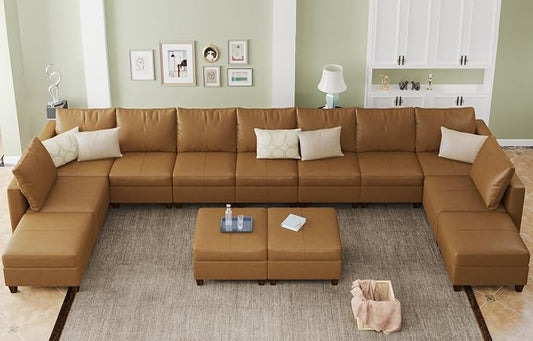 EASE MOOSE Faux Leather Modular Couch Sectional Sofa with Storage Ottomans, Oversized U Shaped Faux Leather Sectional Couch, Brown
