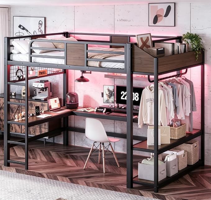 Bellemave Full Size Loft Bed with Desk and USB Ports, Clothes Hanging Rod, LED, Metal Full Loft Bed Frame for Adults, Kids, Teens, Black
