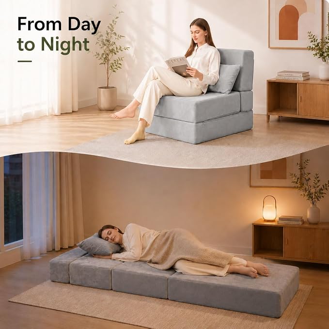 Folding Sofa Bed, Convertible Sleeper Chair with Pillow, Foldable Mattress & Back Support, Portable Floor Lounger Futon for Apartment, Dorm, Living Room, Bedroom (Gray)