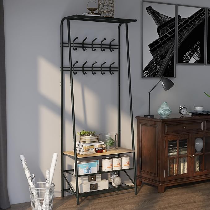MDF Hall Tree with Bench, 4-in-1 Entryway Coat Rack with Storage Shelf & Shoe Organizer, Sturdy Freestanding Furniture for Living Room, Bedroom, Mudroom