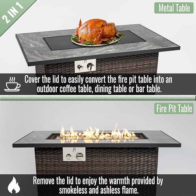 GDFStudio 44" Propane Fire Pit Table 50000 BTU Outdoor Gas Firepit with Ceramic Tile Top & Wicker Base Rectangular Fire Table with Wind Guard Lid & Cover for Patio Deck Garden, Grey Top & Brown Frame