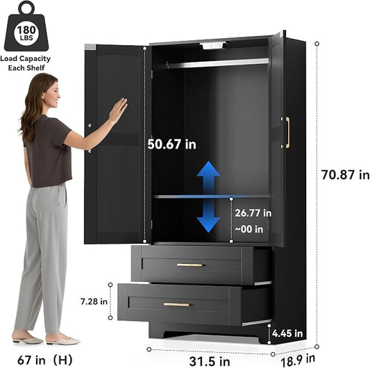 Wooden Armoire Wardrobe Closet, Bedroom Armoires with Door and Drawers, Freestanding Wardrobe Clothing Storage Cabinet with Shelves and Hanging Rod for Bedroom, Laundry Room, Cloak Room（Black）