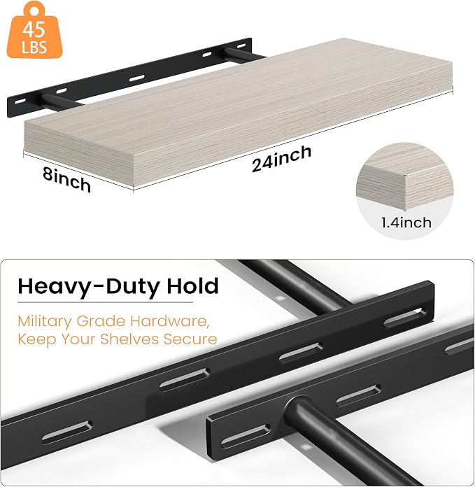 Fun Memories 24 Inch Floating Shelves - Deep Rustic Wooden Wall Shelves - Extra Deeper & Thicker Wall Mounted Storage Shelf for Bedroom, Kitchen, Farmhouse - 2 Pack, Grey