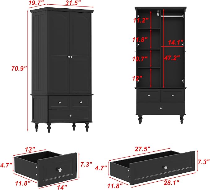 Bedroom Wardrobe Cabinet with 2 Doors, Wood Armoire Closet with Hanging Rod, Wardrobe Closet with 3 Drawers & Multi-Shelves for Clothes Organize, Black (19.7" D x 31.5" W x 70.9" H)