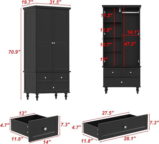 Bedroom Wardrobe Cabinet with 2 Doors, Wood Armoire Closet with Hanging Rod, Wardrobe Closet with 3 Drawers & Multi-Shelves for Clothes Organize, Black (19.7" D x 31.5" W x 70.9" H)