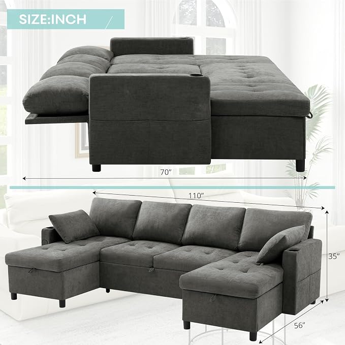 110" U-Shape Reversible Sectional Sofa Bed w/USB Port, Light Grey | Upholstered Sleeper Couch w/Adjustable Backrest and Storage Chaises, Chenille Modern Sofa w/Pull-Out Bed for Living Room