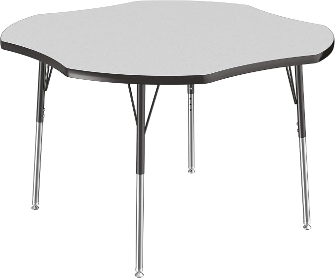 FDP Clover Activity School and Office Table (48 x 48 inch), Standard Legs with Swivel Glides for Collaborative Seating Environments, Adjustable Height 19-30 inches - Gray Top and Black Edge