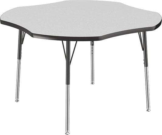 FDP Clover Activity School and Office Table (48 x 48 inch), Standard Legs with Swivel Glides for Collaborative Seating Environments, Adjustable Height 19-30 inches - Gray Top and Black Edge