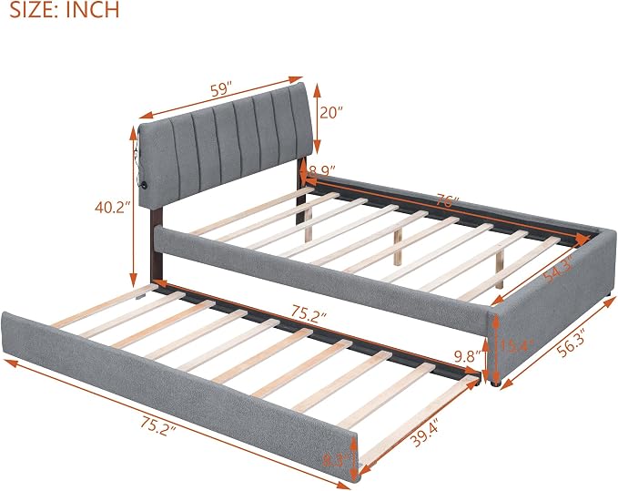 Bellemave Full Bed Frame with Trundle and LED Lights,Teddy Fleece Upholstered Platform Bed Frame with USB,Full Size Trundle Bed with Headboard for Kids Teens Adults,Gray